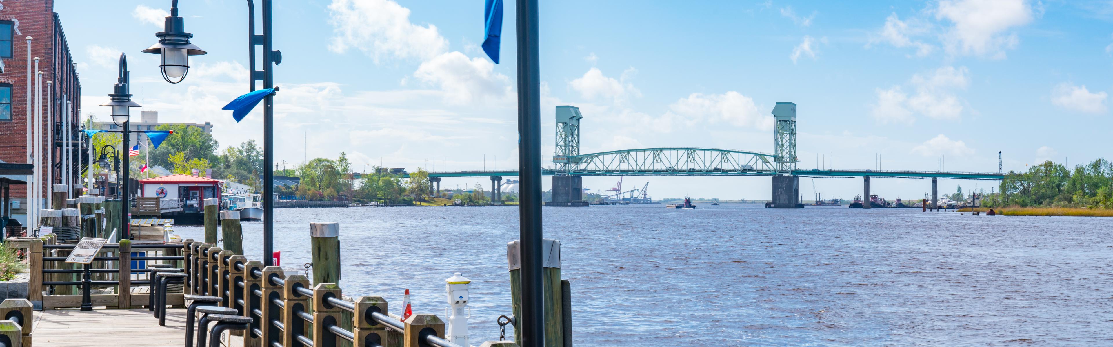 Riverwalk along the waterfront of the Cape Fear River in Wilmington, NC